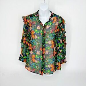Ted Baker Blouse Size 2 Floral Sheer Ruffle‎ Boho Quirky Artsy Corpcore Office